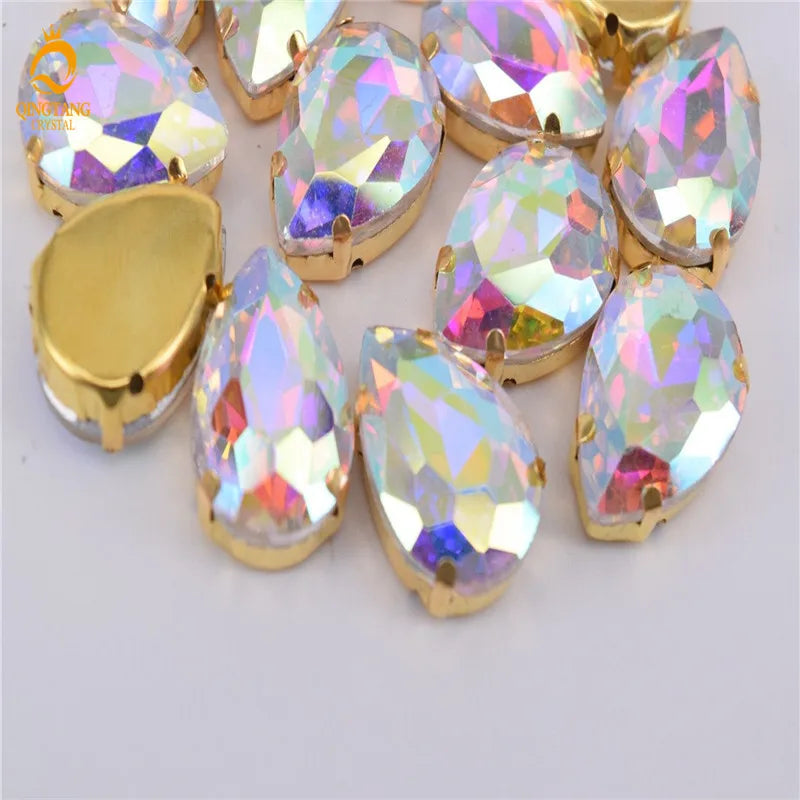 Golden Setting  Crystal AB Rhinestone Teardrop Stones  Applique Strass buttons for clothes Costume Dress SEW ON