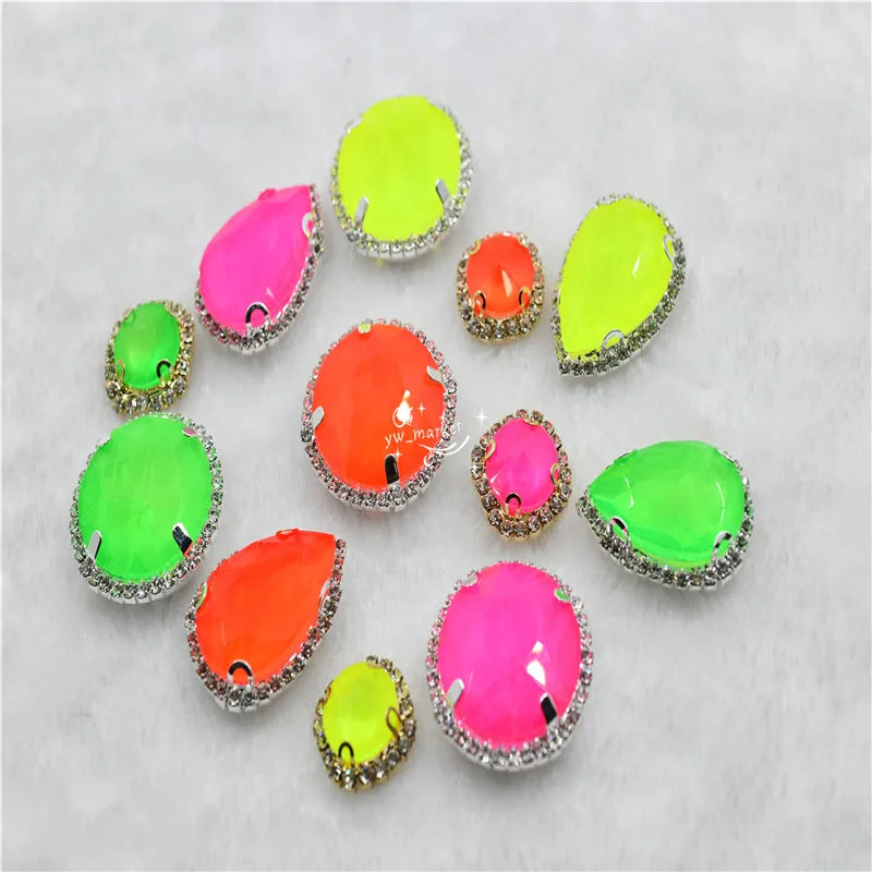 neon Color rhinestone Applique Strass Diamond with claw  Buttons  teardrop shape Jewelry making ClothingSEW ON