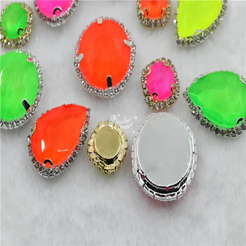 Sew On  Golden Claw Rhinestones Neon Color  Flatback Applique Diamond Buttons Dress Costume  Clothing 12mm 14mm