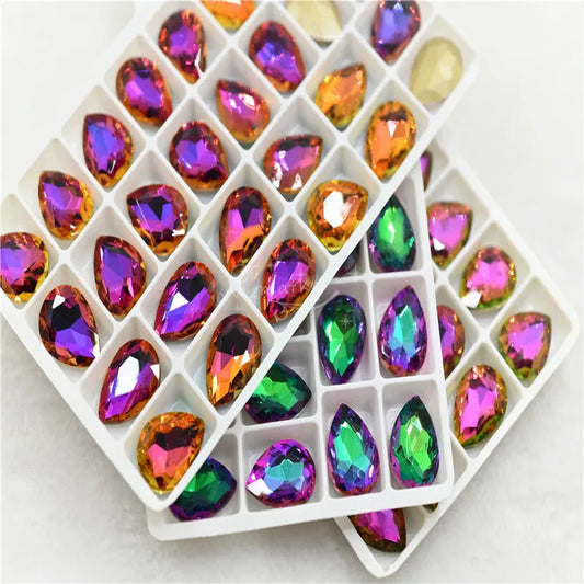 rainbow crystals stones purple  green light pointback teardrop Sphinx grems  for clothing  Jewelry  making 13x18mm