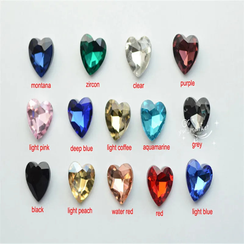 Glass Heart stones Jewels Accessories fancy rhinestones for necklace making 14mm 12mm 10mm 27mm