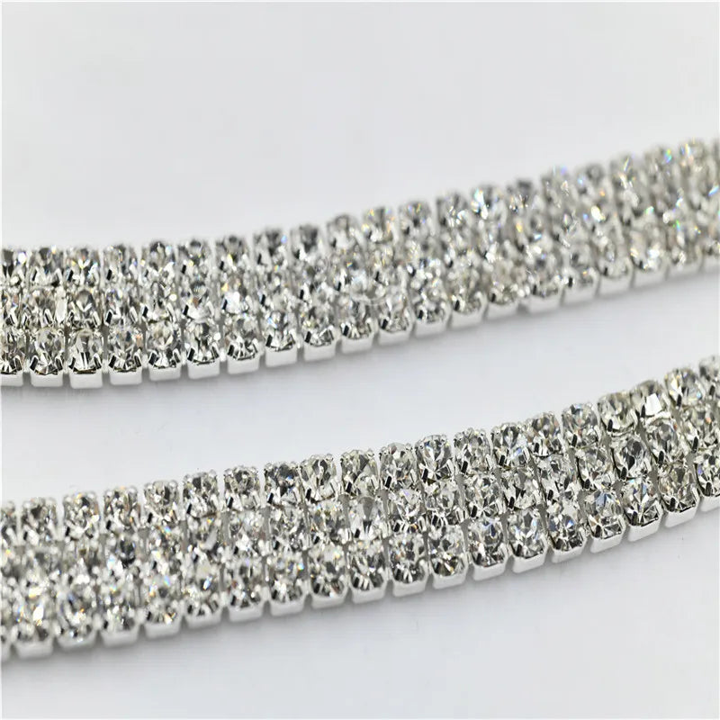 Rhinestones chain belt silver Crystals 3 row Trim Applique Sew on for jewelry chain Party Wedding Dress Decoration sew on