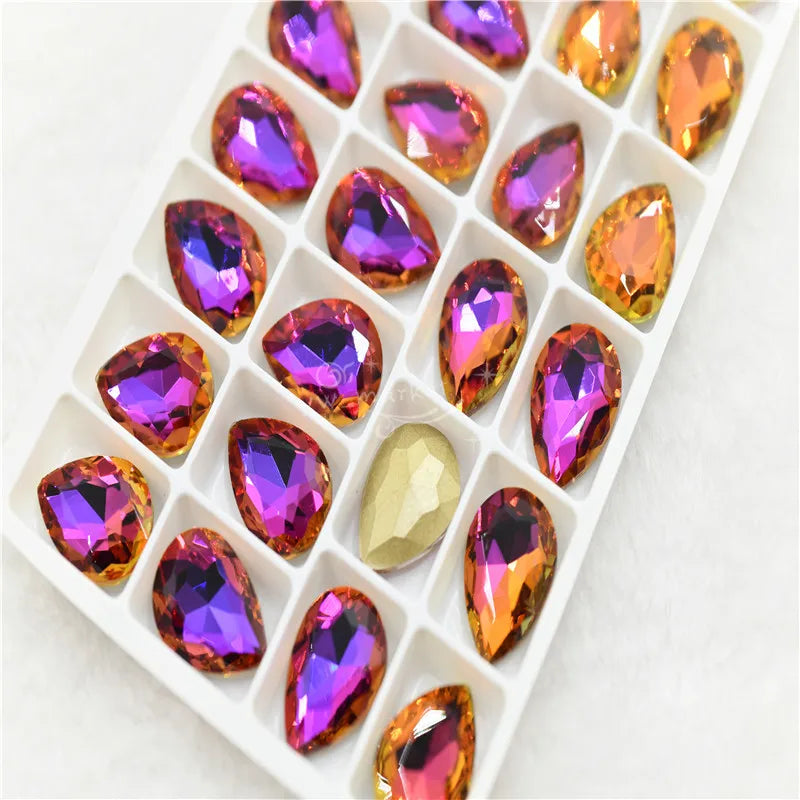 rainbow crystals stones purple  green light pointback teardrop Sphinx grems  for clothing  Jewelry  making 13x18mm