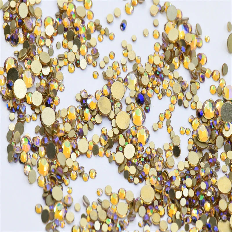 Non Hotfix ss4-ss20 gold FlatBack Rhinestones Nail Art Decorations  Glitter Gems Multicolored  glue on