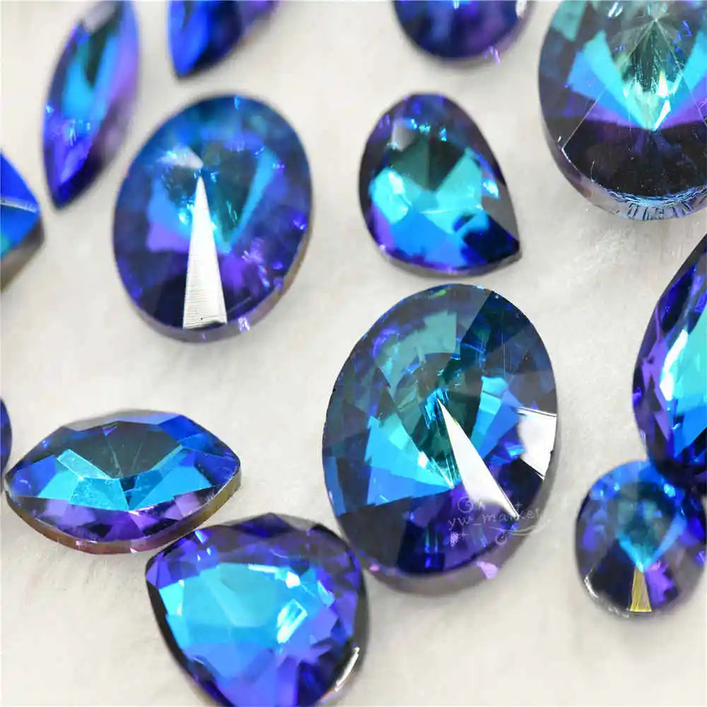 Wholesale Violet Blue Droplet chandelier crystals glass beads  Rivoli Navette  Glue on jewels making rhinestones