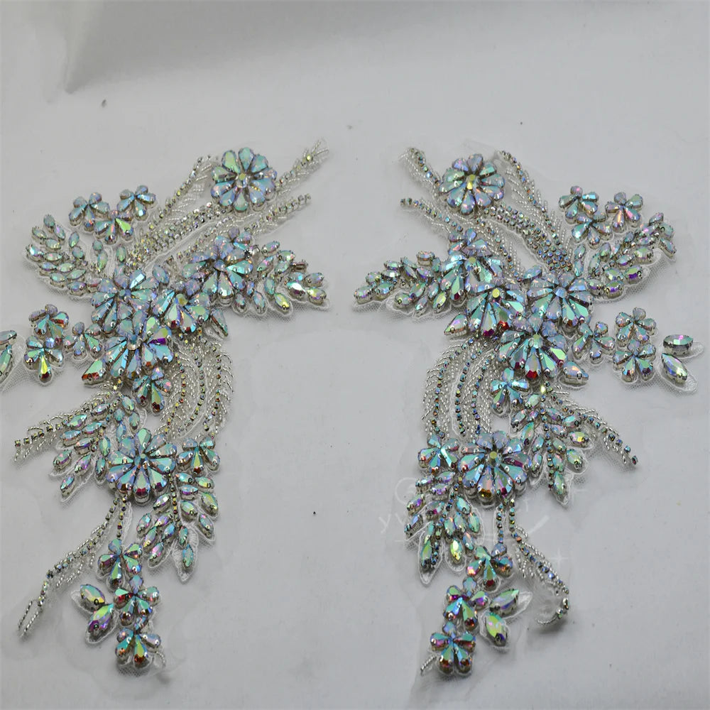 1 Pair Rhinestone Mesh Appliques Lace Clothes Sew on For Wedding Dress Costumes Couture Decorations