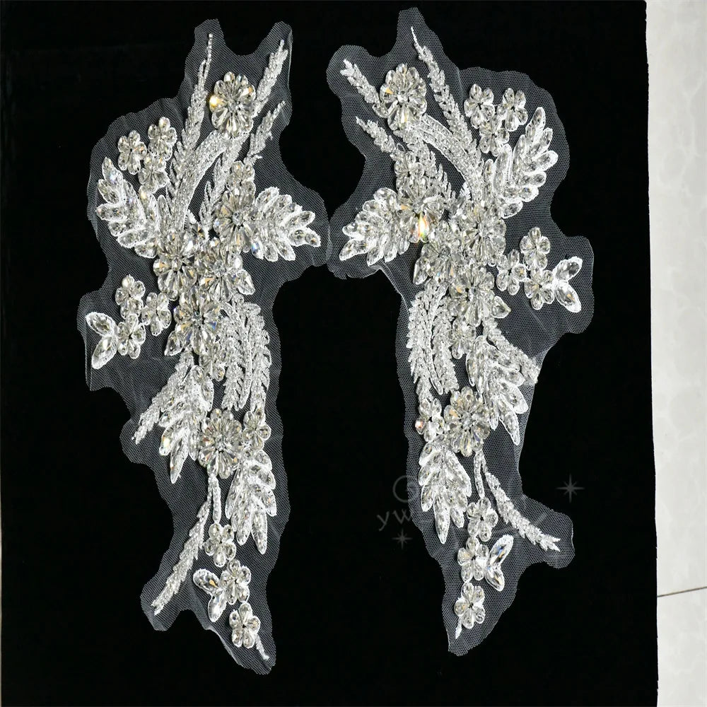 1 Pair Rhinestone Mesh Appliques Lace Clothes Sew on For Wedding Dress Costumes Couture Decorations