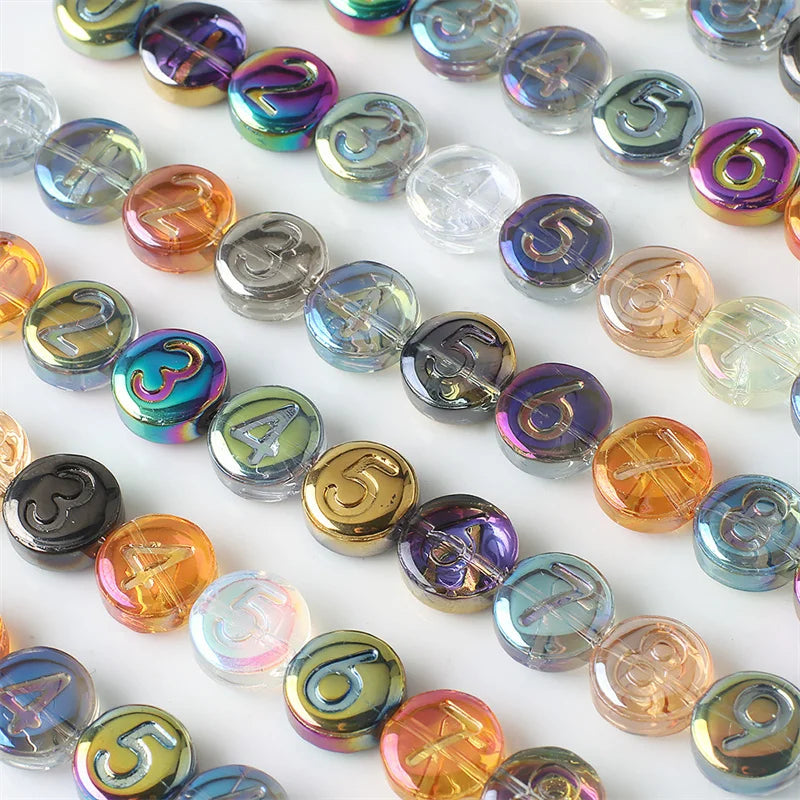 Digital letter beads medium hole glass beads 10MM flat round DIY mobile phone chain jewelry necklace accessories