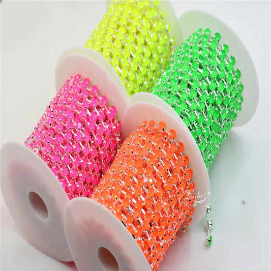 neon color glass Jewelry rhinestones Chain  Handmade  trims Silver claw  ss28 6mm