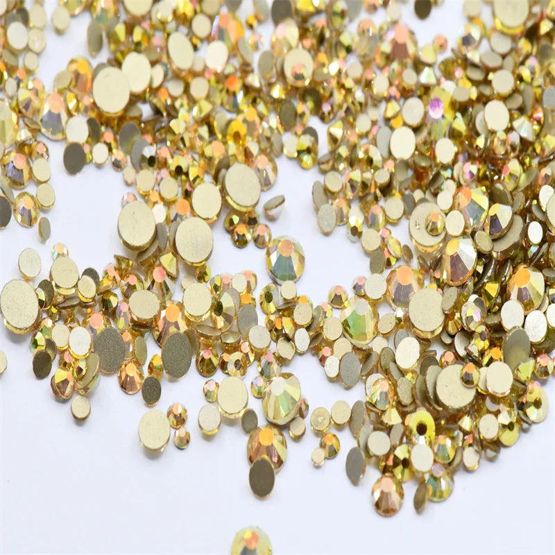 Non Hotfix ss4-ss20 gold FlatBack Rhinestones Nail Art Decorations  Glitter Gems Multicolored  glue on