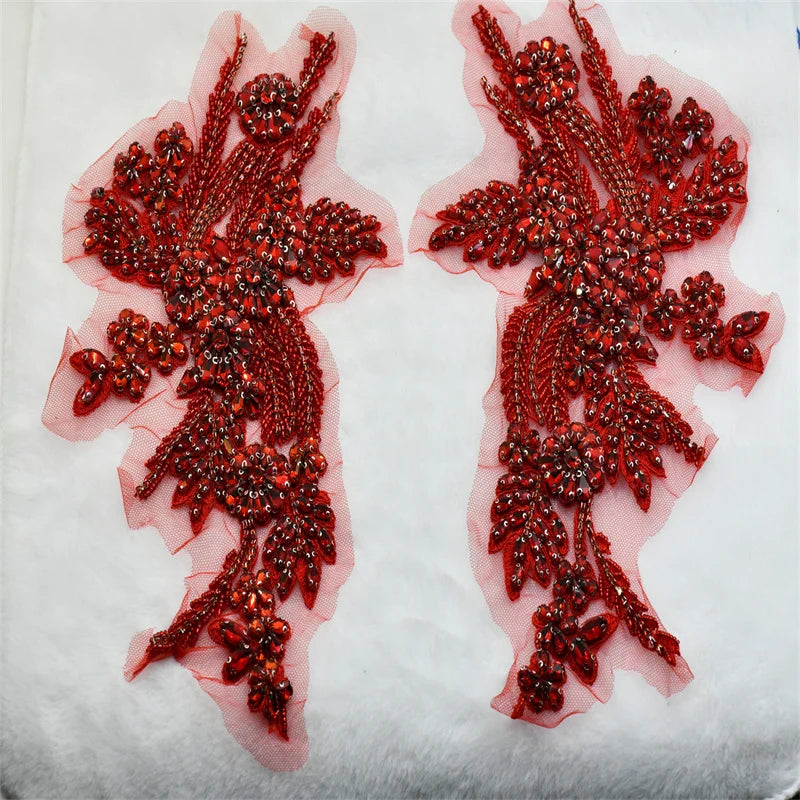 1 Pair Rhinestone Mesh Appliques Lace Clothes Sew on For Wedding Dress Costumes Couture Decorations