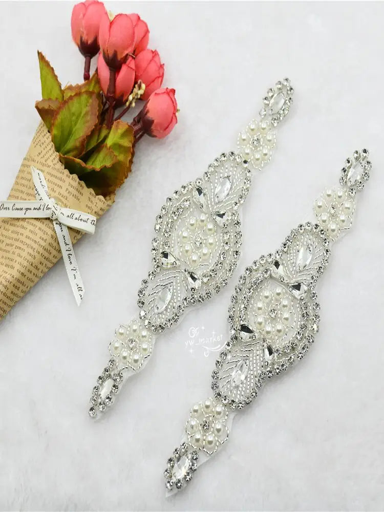 crystal rhinestones beaded applique Iron On bridal dress Garment Accessories x 1 pcs