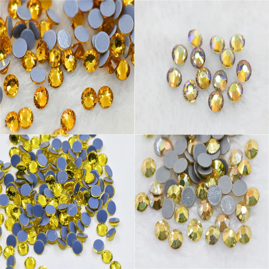 Yellow  series  Iron On Hotfix rhinestones Flatback Crystal  Round Stones for dress clothes shoes Decoration