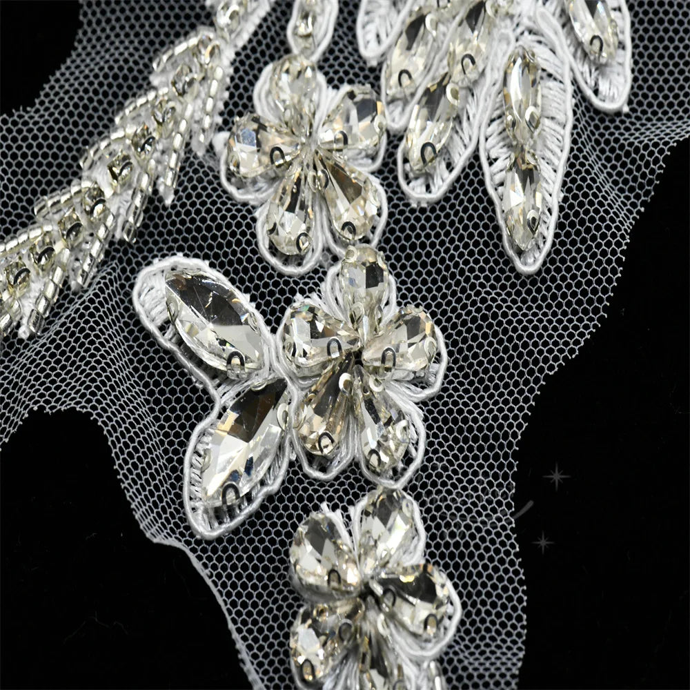 1 Pair Rhinestone Mesh Appliques Lace Clothes Sew on For Wedding Dress Costumes Couture Decorations