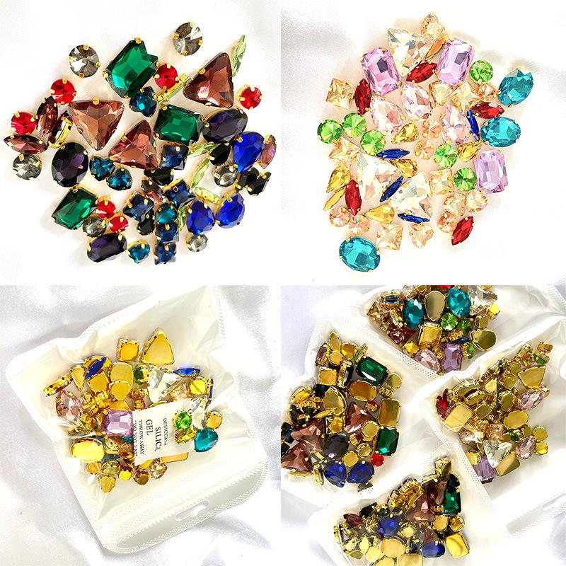 50pcs Color Mixed Shape Sew on Glass Rhinestone Gold Claw Crystal Buckle Diy Wedding Decoration Clothes Shoe Dress