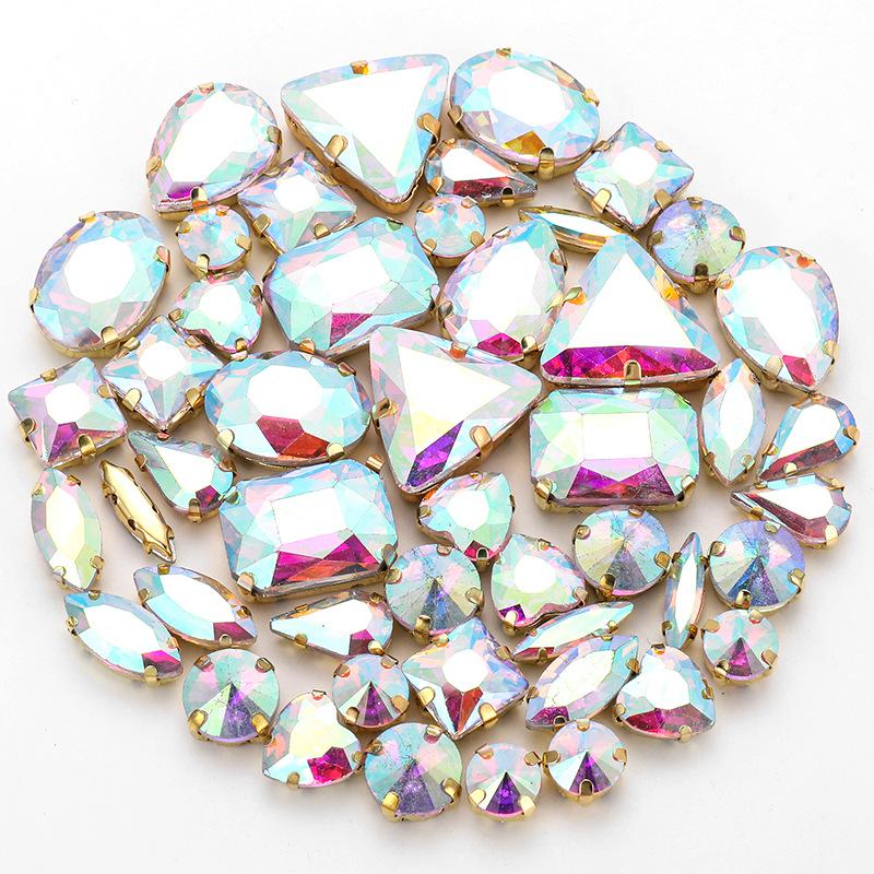 50pcs Color Mixed Shape Sew on Glass Rhinestone Gold Claw Crystal Buckle Diy Wedding Decoration Clothes Shoe Dress